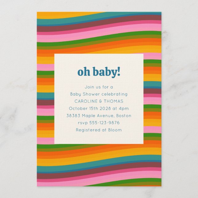 Invitation Colorful Retro Wavy Stripes Baby Shower Party (Devant)