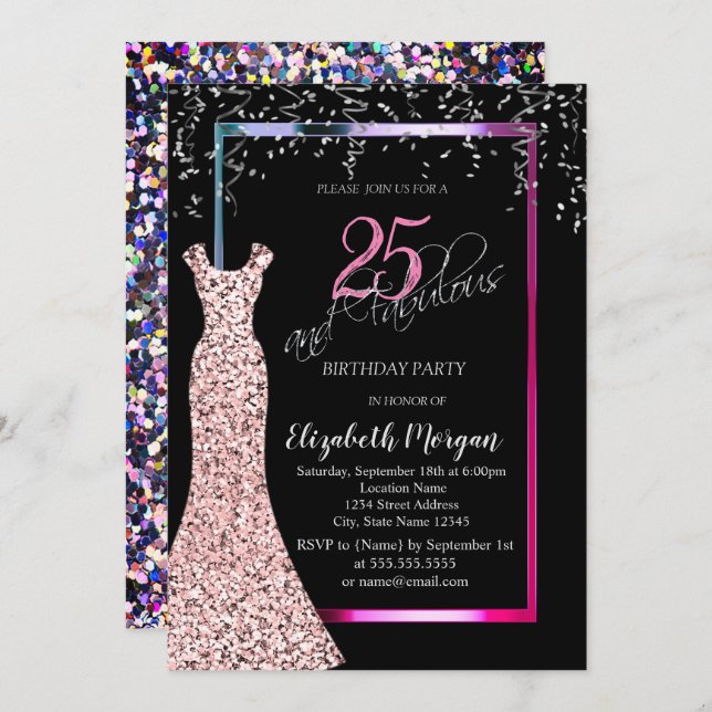 Invitation Colorful Sequins Rose Gold Dress 25th Birthday (Devant / Derrière)