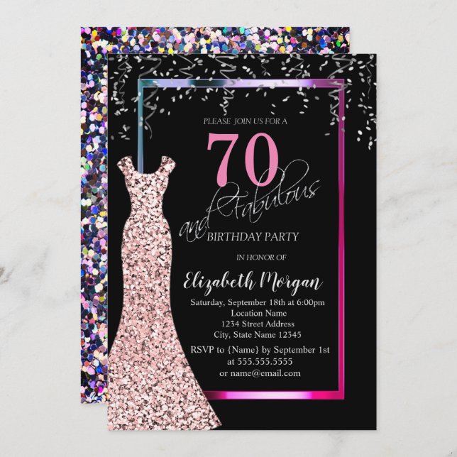 Invitation Colorful Sequins Rose Gold Dress 70th Birthday (Devant / Derrière)