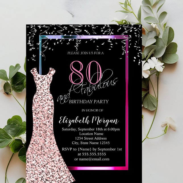 Invitation Colorful Sequins Rose Gold Dress 80th Birthday (Créateur téléchargé)