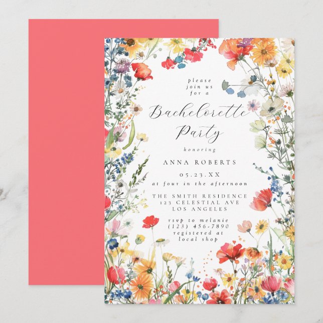 Invitation Colorful Summer Floral Bachelorette Party (Devant / Derrière)