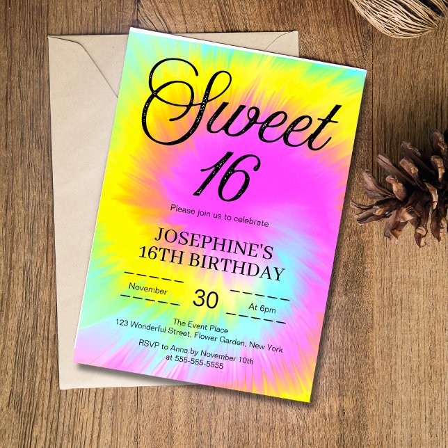 Invitation Colorful Tie Dye Pastel Boho 16e anniversaire (Créateur téléchargé)
