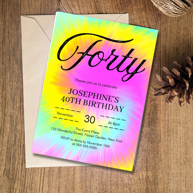 Invitation Colorful Tie Dye Pastel Boho 40e anniversaire (Créateur téléchargé)