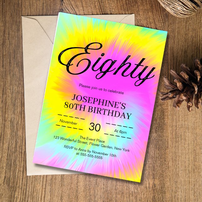 Invitation Colorful Tie Dye Pastel Boho 80e anniversaire (Créateur téléchargé)
