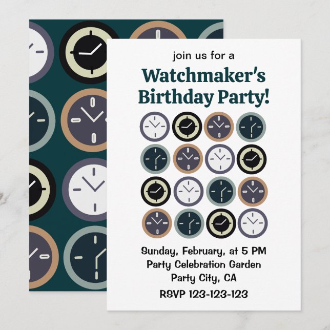 Invitation Colorful Time Clock Pattern Watchmaker Birthday (Devant / Derrière)