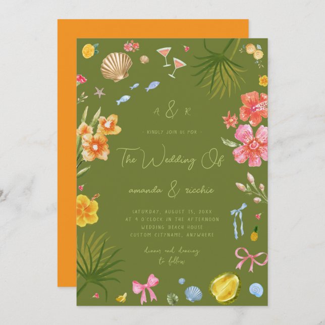 Invitation Colorful Tropical Island Whimsical Beach Wedding (Devant / Derrière)
