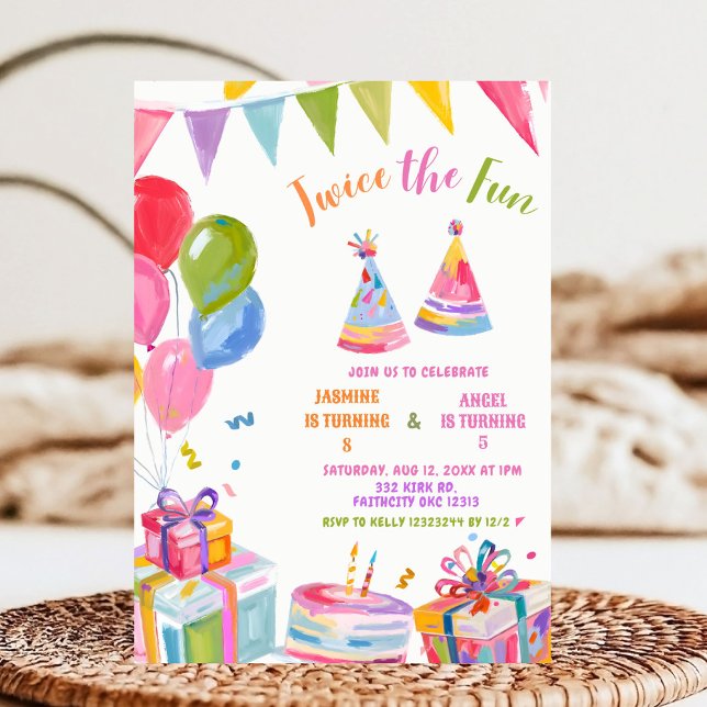 Invitation Colorful Twice the Fun Sibling Birthday  (Créateur téléchargé)