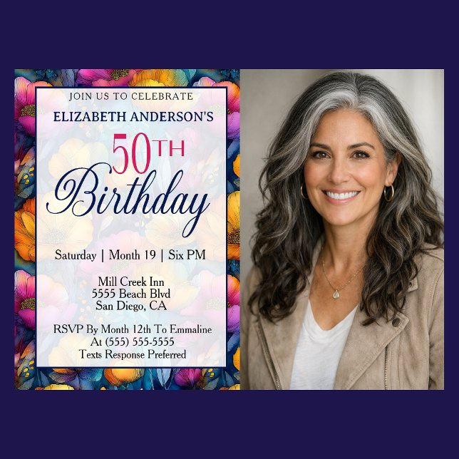 Invitation Colorful Vibrant Poppy Flower 50th Birthday Photo (Colorful poppy floral 50th birthday photo invitation for woman milestone birthday celebration )