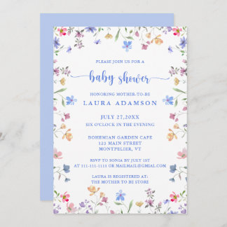 Invitation Colorful Watercolor Wildflowers Blue Baby Shower