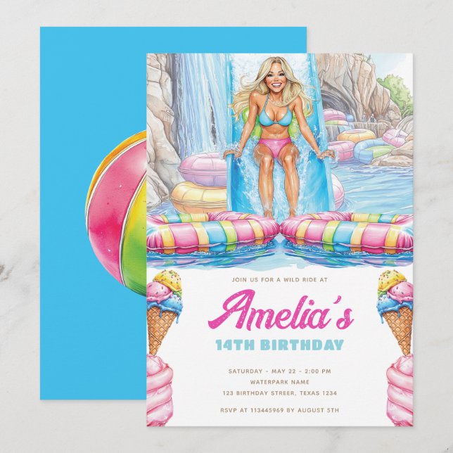 Invitation Colorful Waterpark Girl Teen Birthday (Devant / Derrière)
