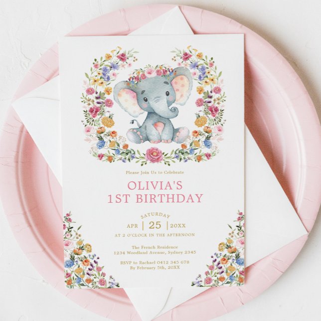 Invitation Colorful Wildflower Elephant Girl Birthday Party (Créateur téléchargé)