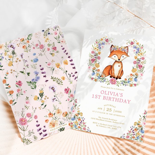 Invitation Colorful Wildflower Woodland Fox Girl Birthday (Créateur téléchargé)