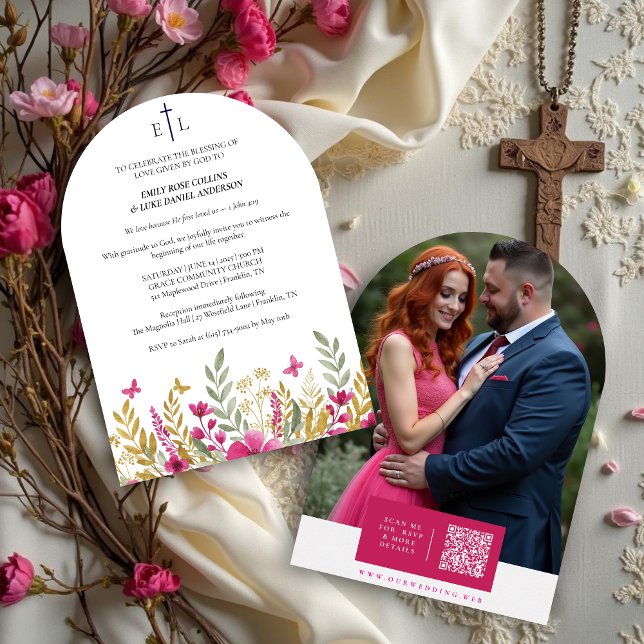 Invitation Colorful Wildflowers & Butterflies Faith Wedding (Romantic Colorful Wildflowers and Butterflies Christian Wedding Invitation Cards with Initials.)