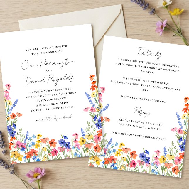 Invitation Colorful Wildflowers Two Sided Wedding (Créateur téléchargé)