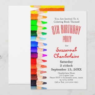 Invitation Coloring Theme Rainbow Pencils Kids Birthday Party