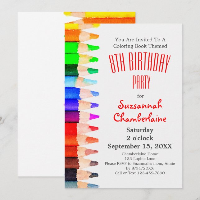 Invitation Coloring Theme Rainbow Pencils Kids Birthday Party (Devant / Derrière)