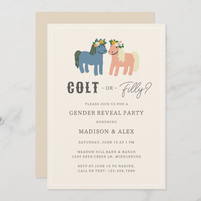 Invitation Colt or Filly Cute Horse Theme Gender Reveal Party (Devant / Derrière)