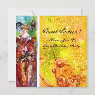 Invitation COLUMBINE, Sweet sixteen Masquerade Party, jaune