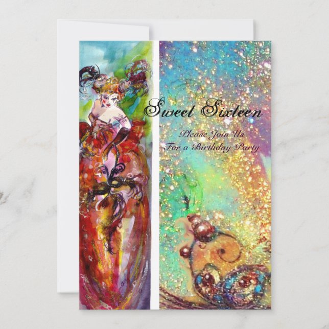 Invitation COLUMBINE Sweet sixteen Masquerade Party, or bleu (Devant)