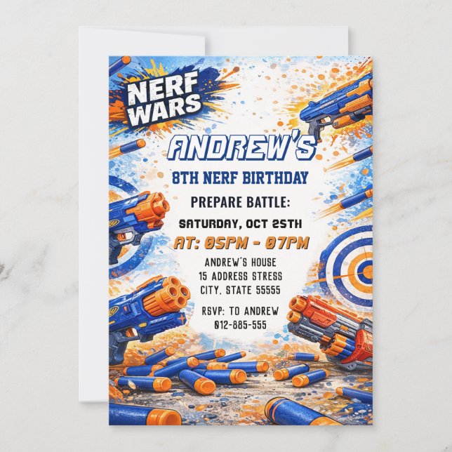 Invitation Combat d'anniversaire aux fléchettes Nerf pour enf (Devant)