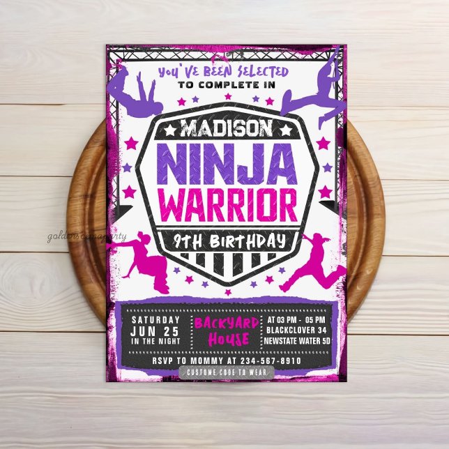 Invitation Combattant Athlétique Ninja Rose Violet Fête d'Ann (Ninja Athletic Fighter Pink Purple Birthday Party Invitation)