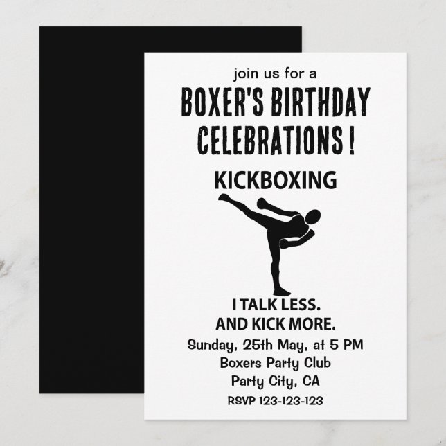 Invitation Combattant de kickboxing Boxeur Anniversaire Kickb (Devant / Derrière)