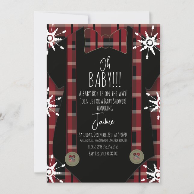 Invitation Combinaison bébé pour shower de Noël plaid (Devant)