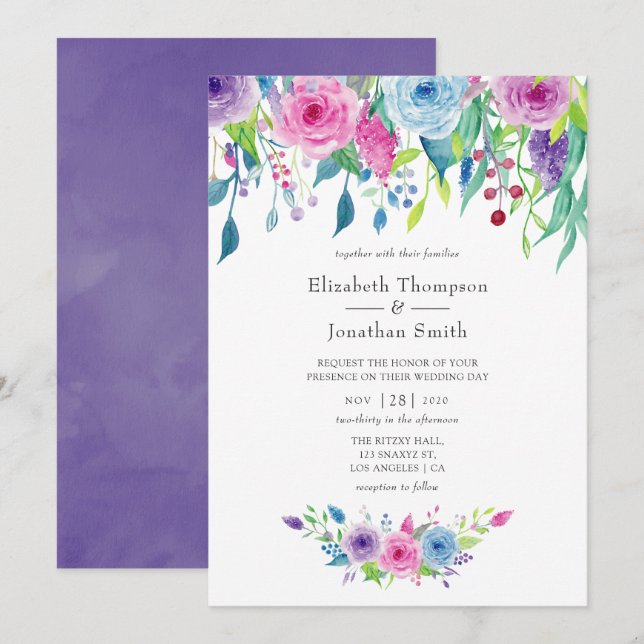 Invitation Combinaison de couleurs ultra violet aquarelle flo (Devant / Derrière)