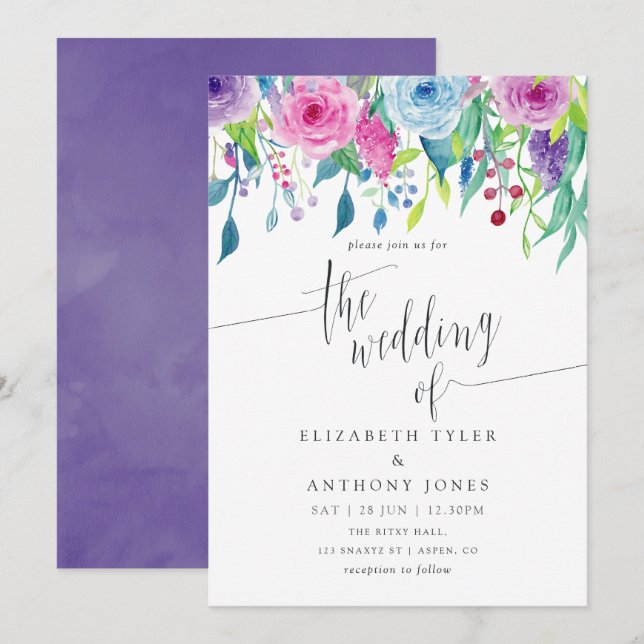 Invitation Combinaison de couleurs ultra violet aquarelle mar (Devant / Derrière)