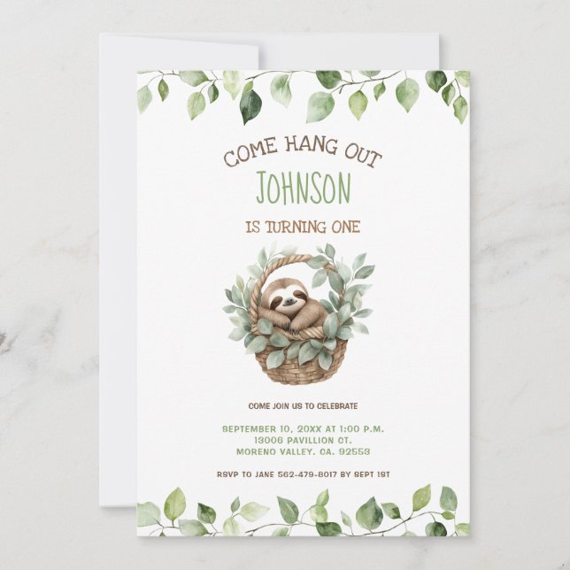 Invitation Come Hang Out Sloth Party Birthday  (Devant)
