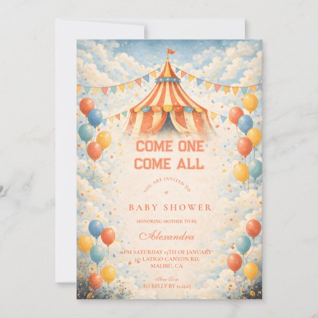 Invitation Come One Come All Circus Baby Shower (Devant)
