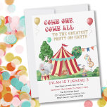 Invitation Come One Come All Circus Themed Kids Birthday<br><div class="desc">Invitation d'anniversaire à thème du cirque pour les enfants de tout âge. L'invitation s'intitule "Venez un, venez tous à la plus grande fête sur Terre" - parfait pour inviter vos invités à se lever et à se joindre au plaisir! Le design comprend un grand chapiteau avec des animaux de cirque...</div>