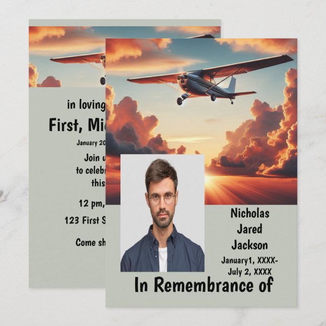 Invitation Commémoration Service Pilote Avion Volant Coucher  (Devant / Derrière)