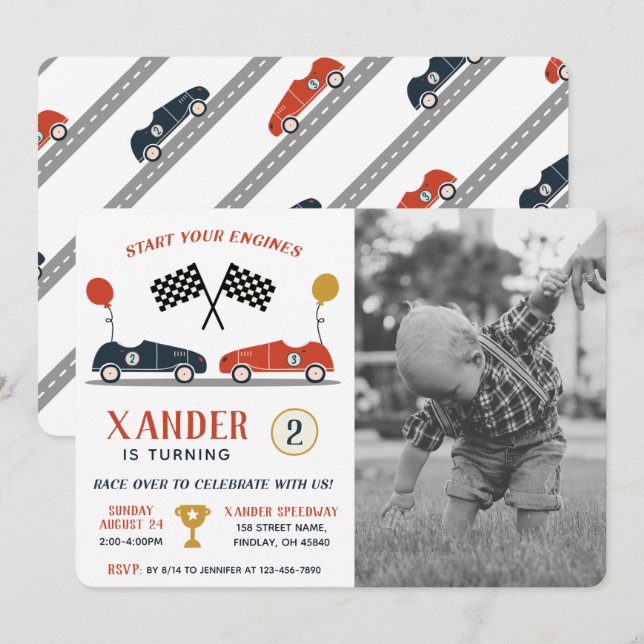 Invitation Commencer Vos Moteurs Course Voiture Anniversaire  (Devant / Derrière)