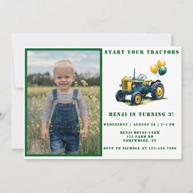 Invitation Commencer votre tracteur Photo Boy Anniversaire Ba (Devant)