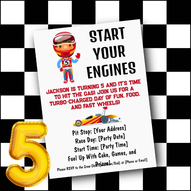 Invitation Commencez vos moteurs - 5e anniversaire du garçon (Start Your Engines Boy's 5th Birthday Invitation)