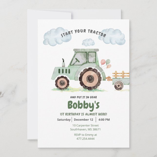 Invitation Commencez votre tracteur 1er anniversaire Invitati (Devant)