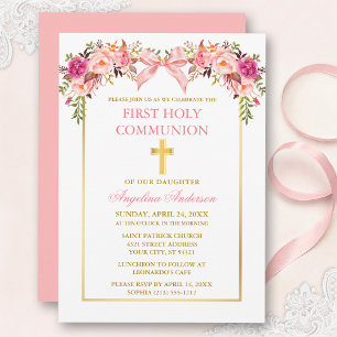 Invitation Communion à l'arc floral rose aquarelle