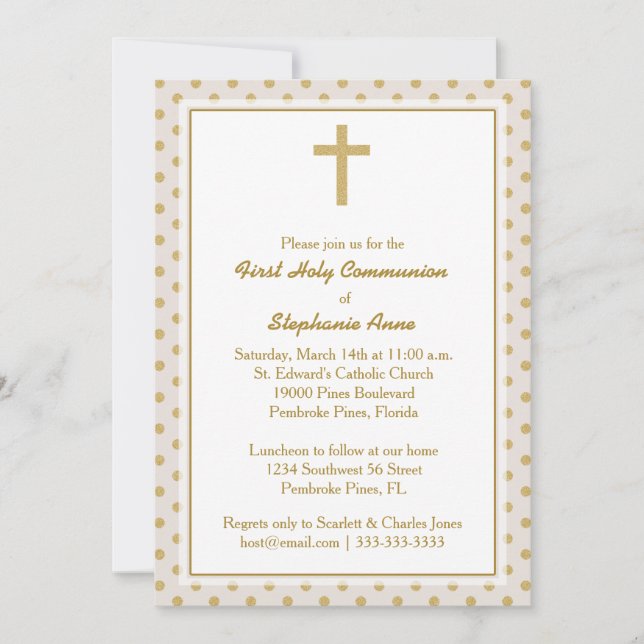 Invitation Communion beige avec Pois d'or (Devant)