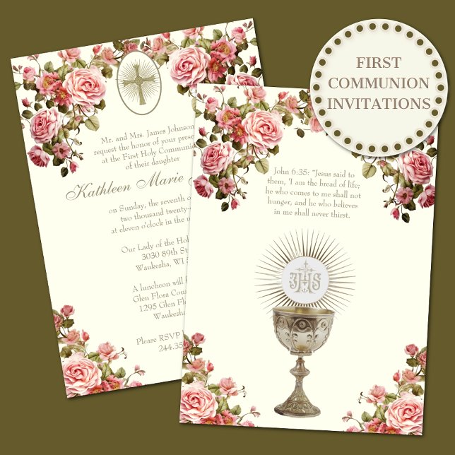 Invitation Communion catholique traditionnelle florale (Créateur téléchargé)
