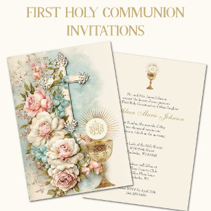 Invitation Communion catholique Vintage Florale