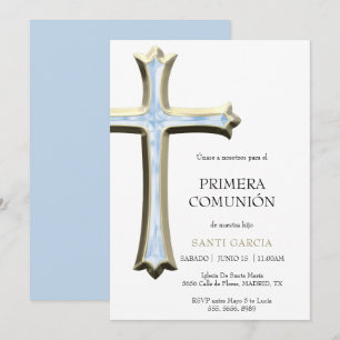 Invitation Communion Classy Or & Croix Bleue