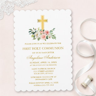 Invitation Communion croix dorée florale blanche rose aquarel