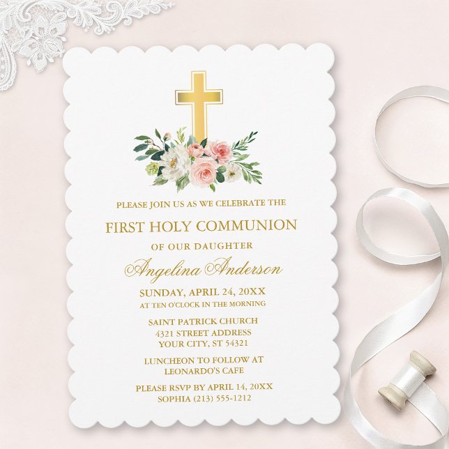 Invitation Communion croix dorée florale blanche rose aquarel (Customize to change text size, text style or color.)