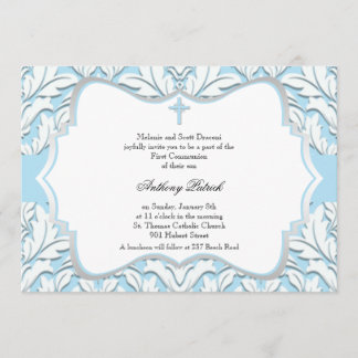Invitation Communion de Damas bleu et blanc
