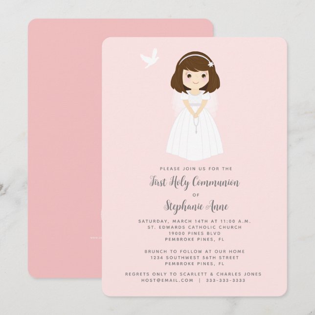 Invitation Communion Dove Brunette Girl (Devant / Derrière)