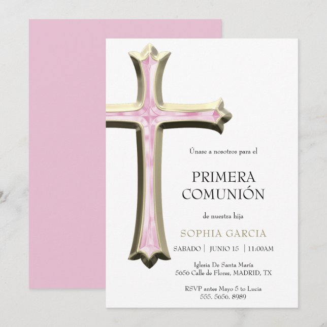 Invitation Communion élégante croix or et rose (Devant / Derrière)