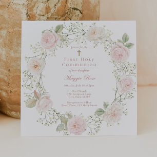 Invitation Communion Fille aux Roses Roses et Baby Breath