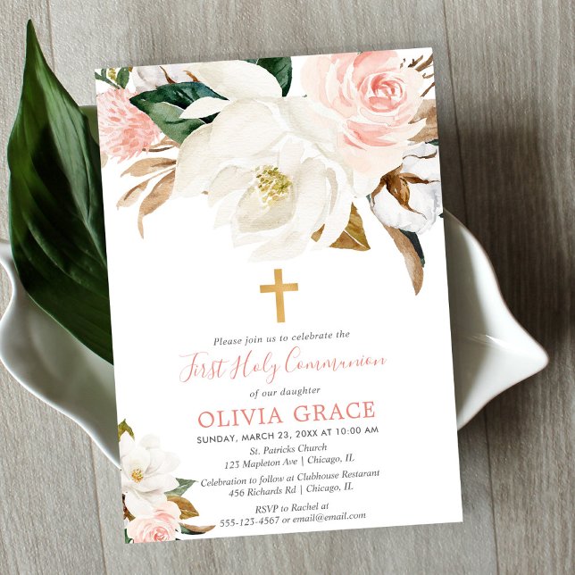 Invitation Communion fille rose rose blanc floral rustique (Créateur téléchargé)