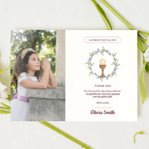 Invitation communion fleurie violette merci avec photo